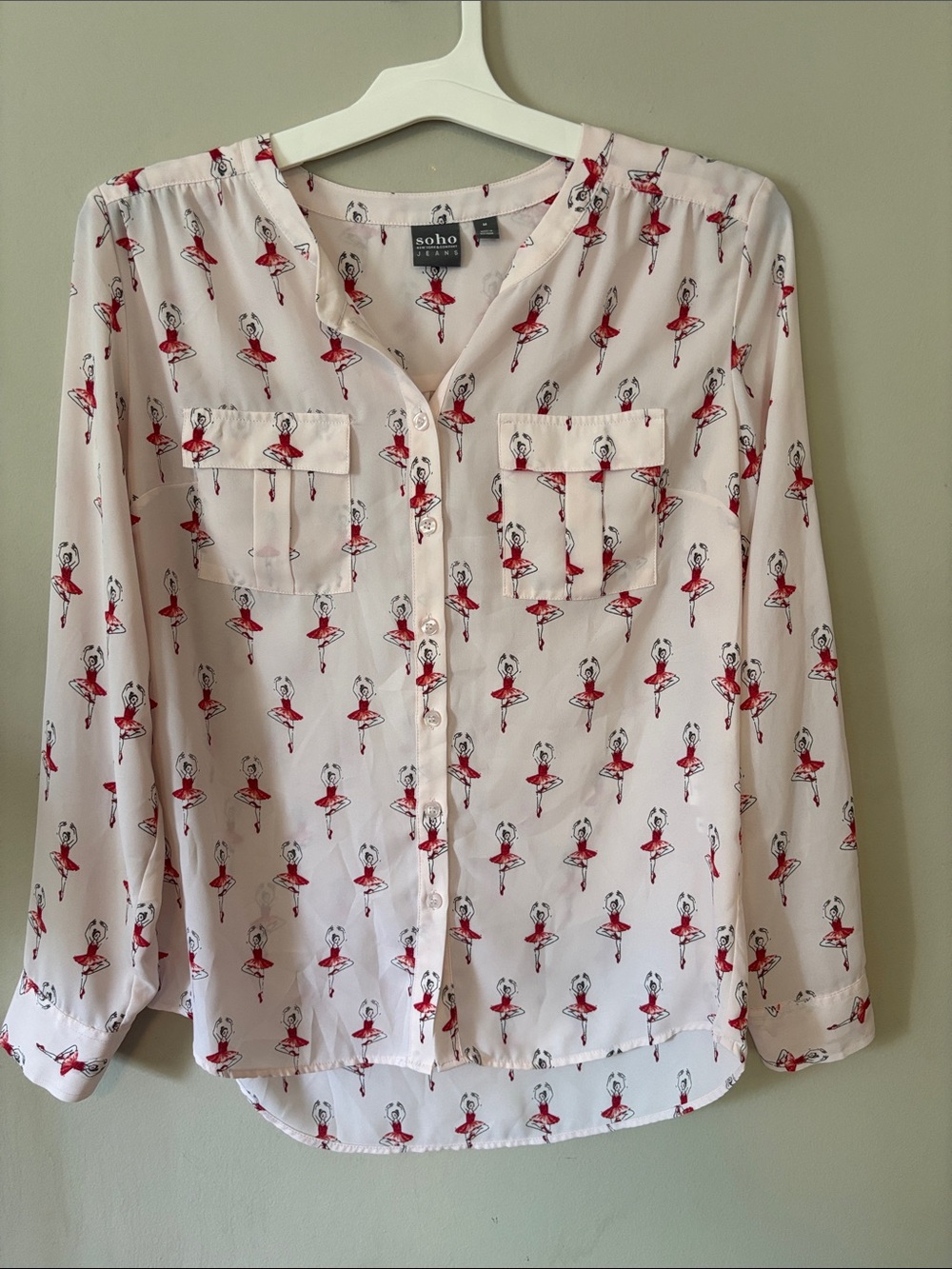 SOHO Jeans New York & Co Ballerina Print Button Front Blouse Med Light Pink